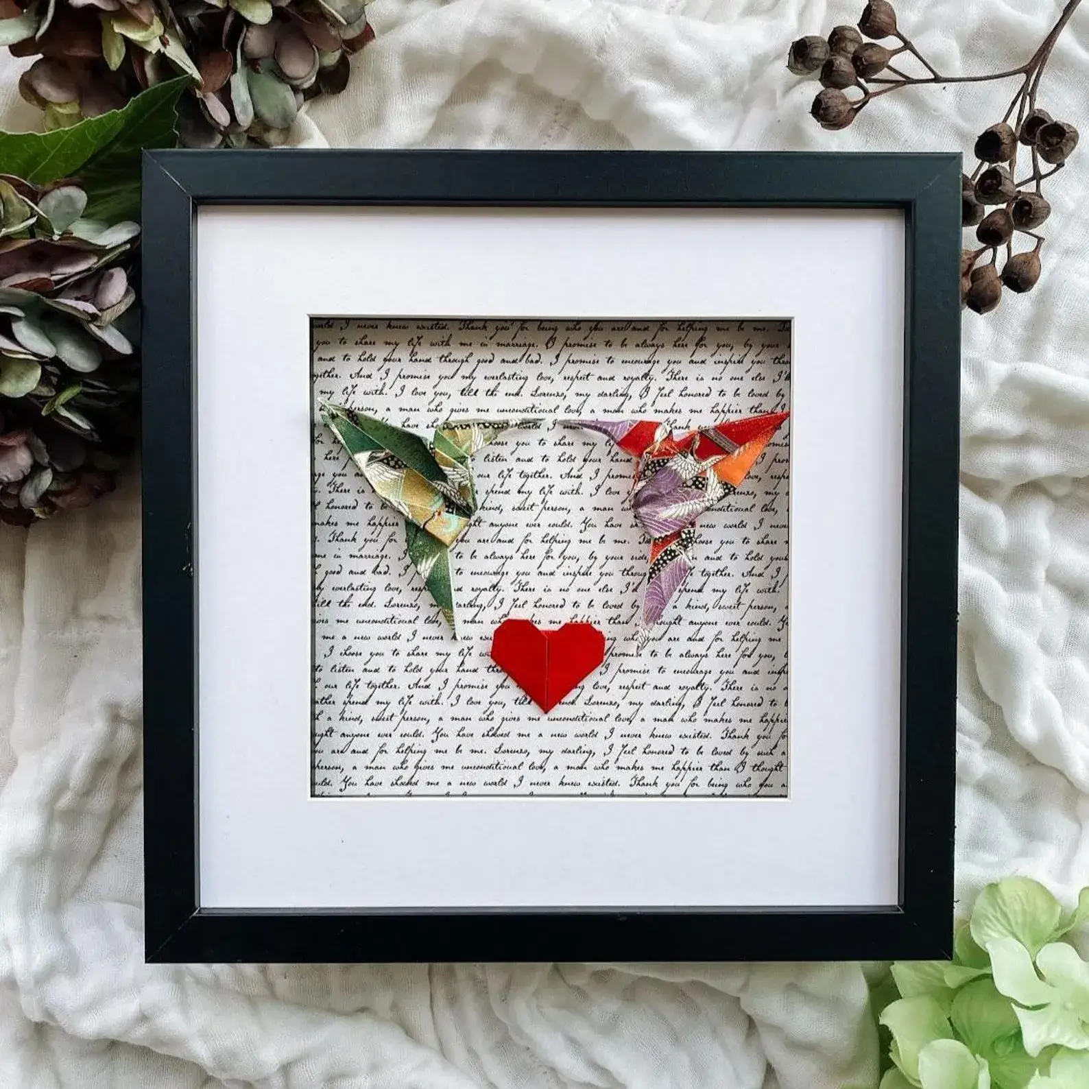Origami hummingbird wedding vow artwork created from personalised wedding vows