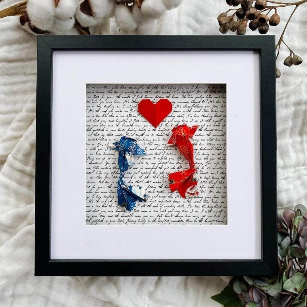Origami koi fish wedding vow keepsake in a 3D display frame